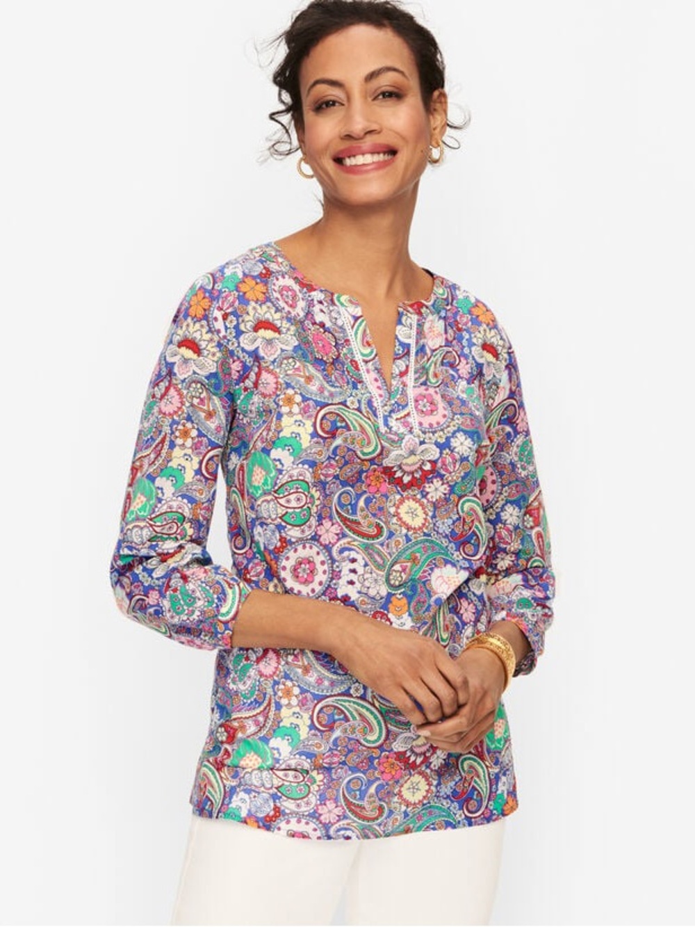Talbots Size XL 100% Cotton Pintuck Popover Fun Paisley Floral Shirt Summer